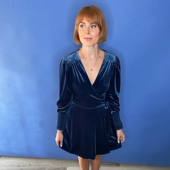 velvet blue wrap dress Kali Blue Long Sleeve Velvet Dress